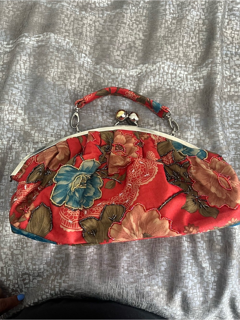 Red Floral Satin Clasp Handbag - Unbranded